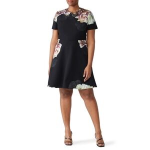 Black Halo‎ Women's 10 Kaitlyn Mini Dress Black Floral Fit & Flare Short Sleeve